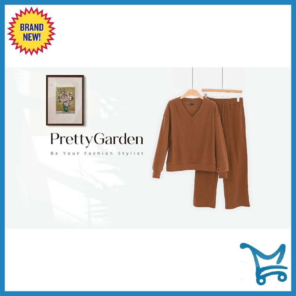 V-Neck Sweatshirt & Wide Leg Pants Set, Knit Fabric, Elastic Waist - Picture 8 of 8